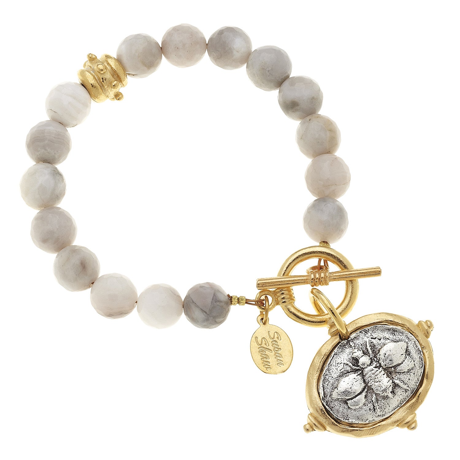 Susan Shaw Jewelry Silverlace Agate Bee Bracelet, 2 Tone Bee Charm in Gold