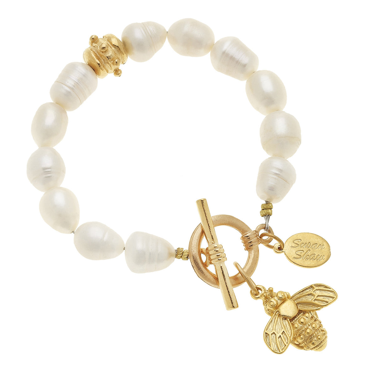 Susan Shaw Pearl Bee Charm Bracelet, Handcast Genuine Freshwater Pearl, Gold Plated Tennis Style 8"