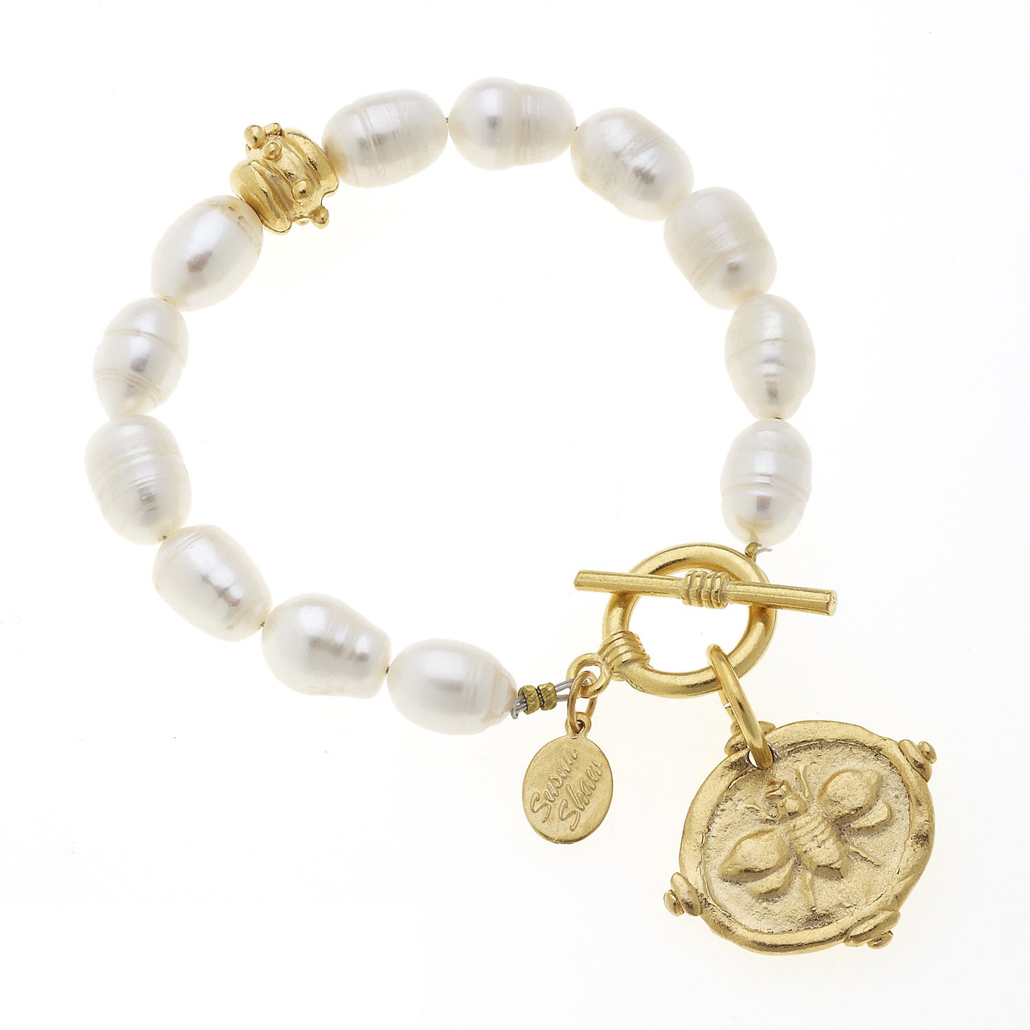 Susan Shaw Handcast Gold Bee on Genuine Freshwater Pearl Bracelet