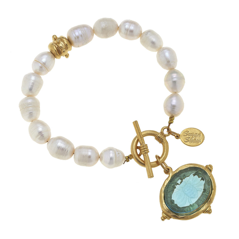 Susan Shaw Jewelry Aqua Venetian Glass Bee Bracelet with Freshwater Pearls