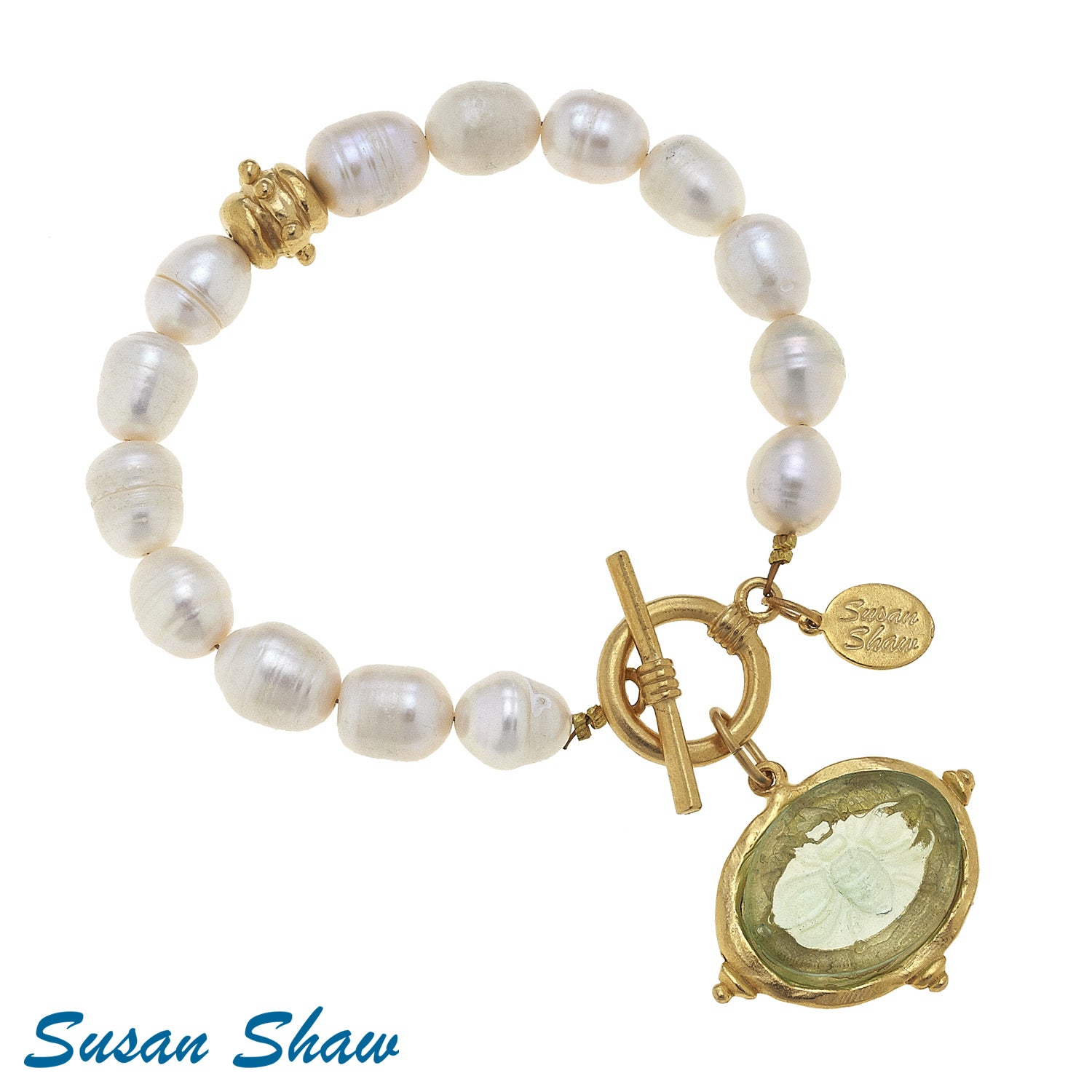Susan Shaw Clear Venetian Glass Bee Intaglio on Genuine Freshwater Pearl Bracelet