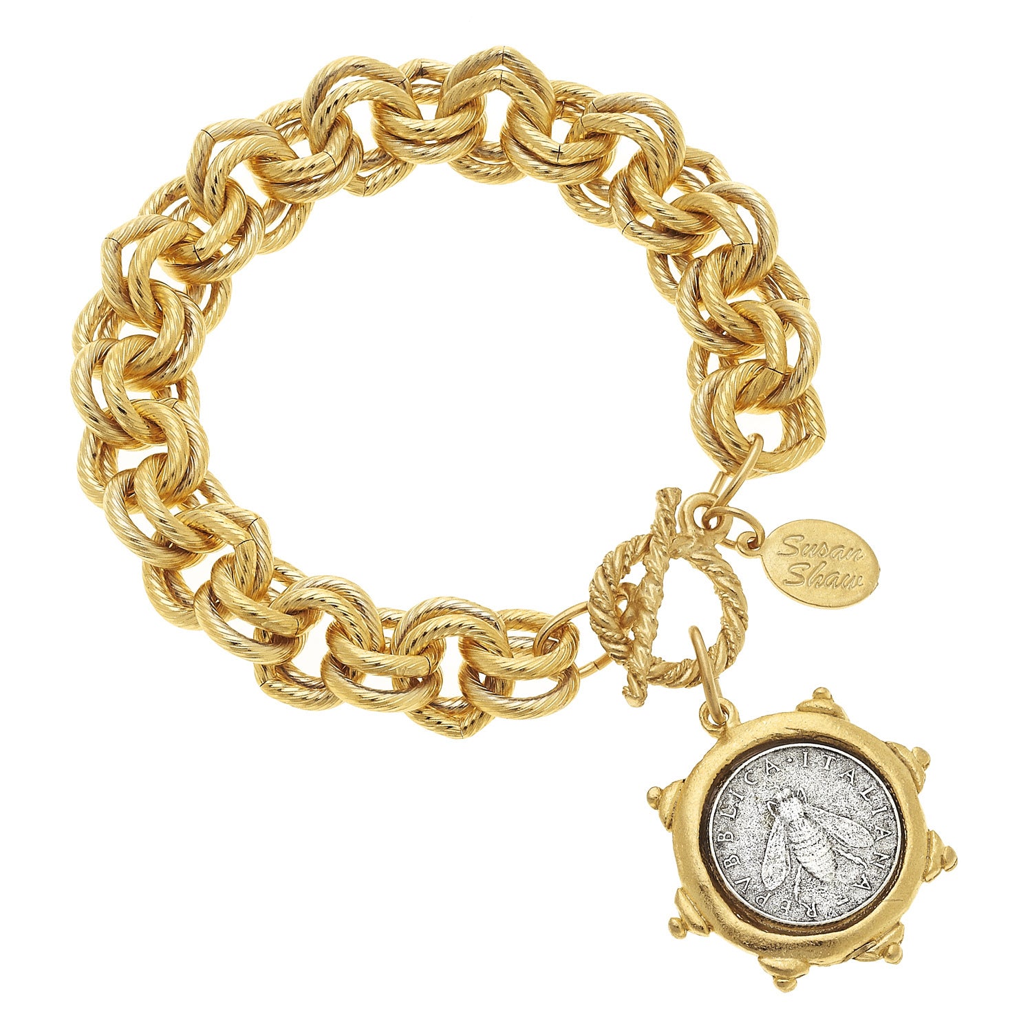 Susan Shaw Gold Plated Bee Coin Bracelet with Double Textured Chain, 8"