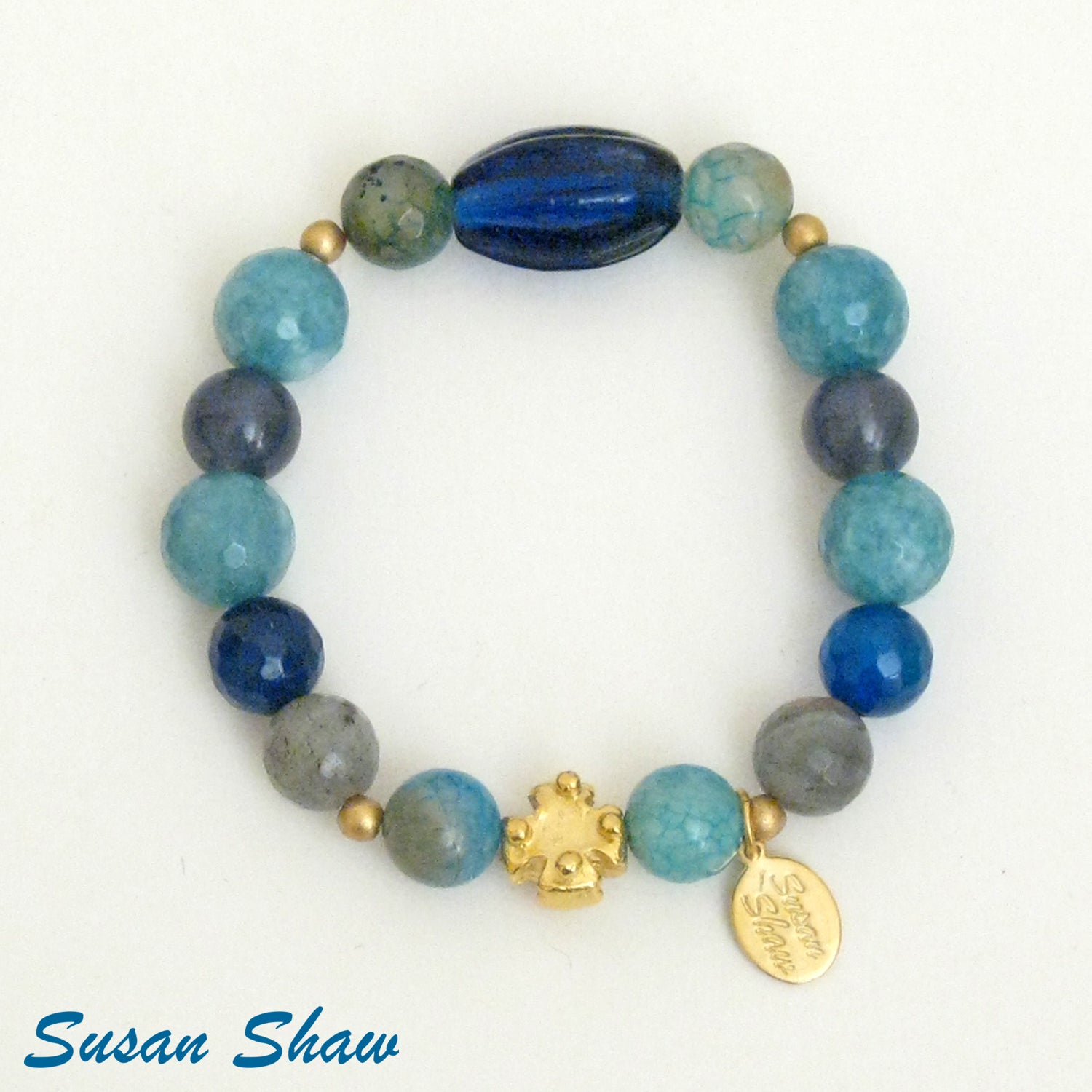 Susan Shaw Cross Multi Agate Tennis Bracelet with Toggle Clasp, Gold Plated 8"