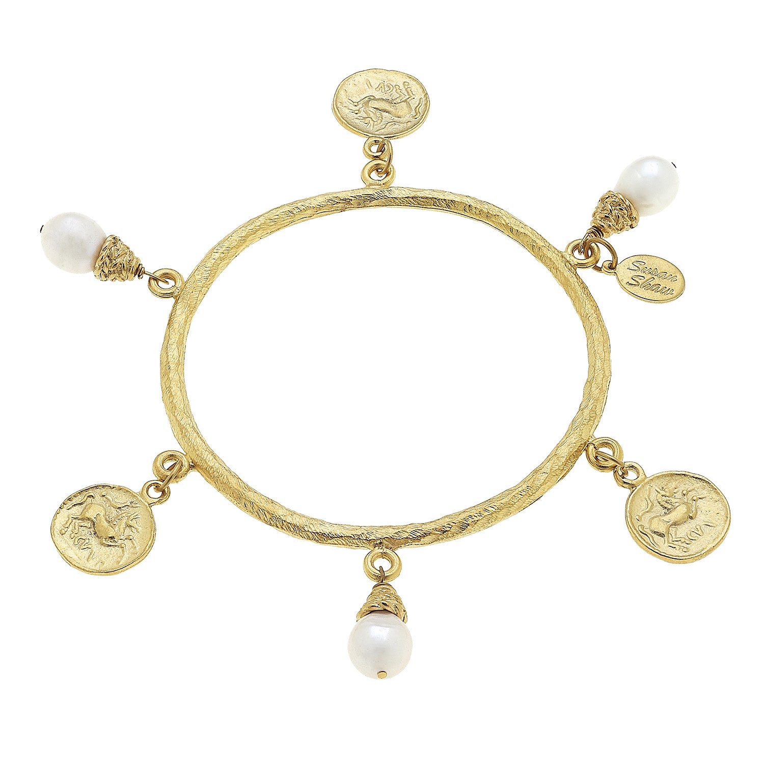 Susan Shaw Jewelry Cross Bangle Bracelet, Freshwater Pearls and Cross Charms in Gold