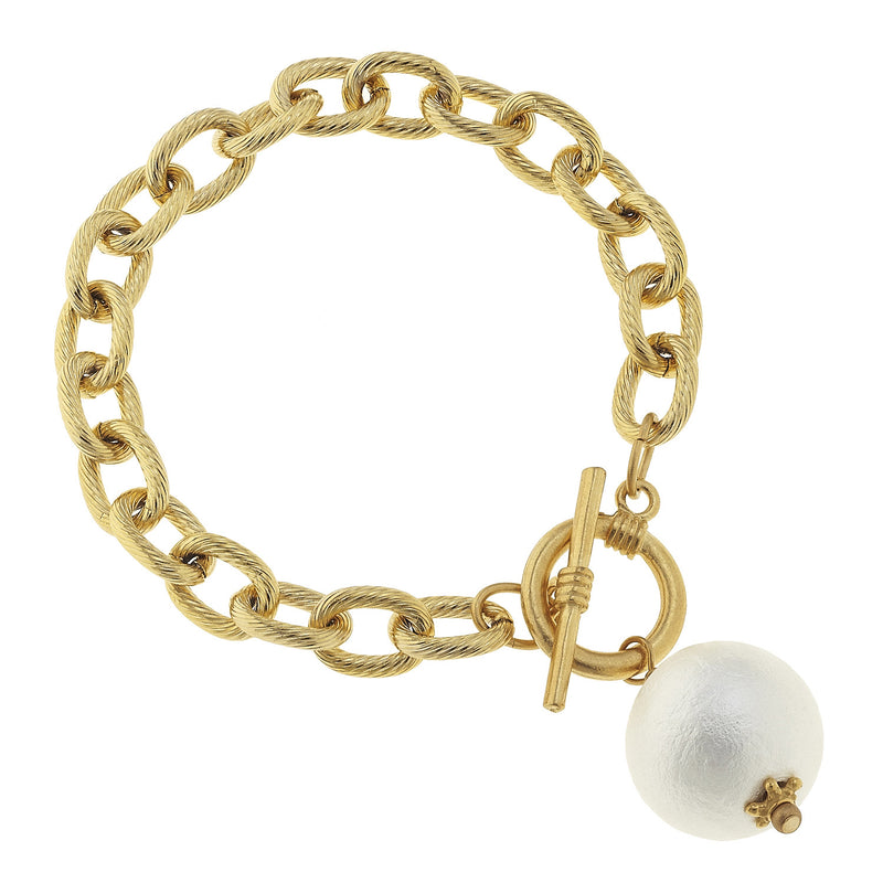 Susan Shaw Jewelry Pearl Bracelet, White Cotton Pearl Charm in Gold