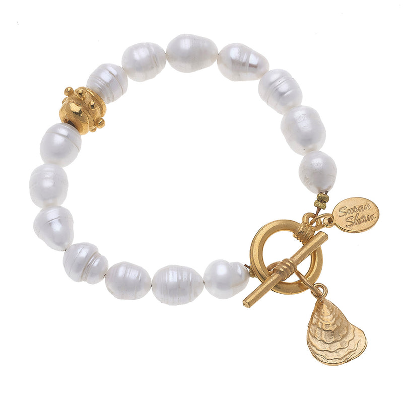 Susan Shaw Oyster Freshwater Pearl Tennis Bracelet with Toggle Clasp, Gold Plated 8"
