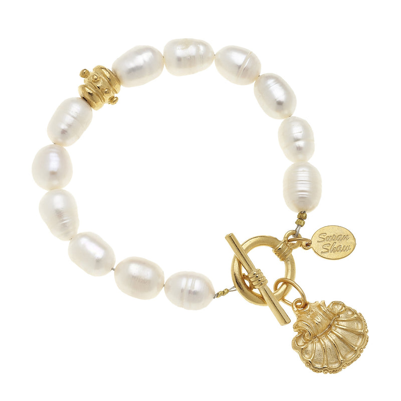 Susan Shaw Jewelry Pearl Clam Bracelet, Freshwater Pearls in Gold