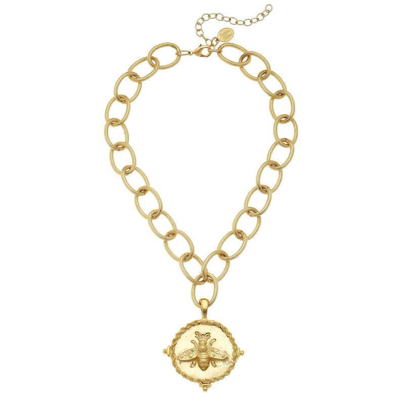 Susan Shaw Bee Chain Necklace, Gold Plated Pendant Medallion