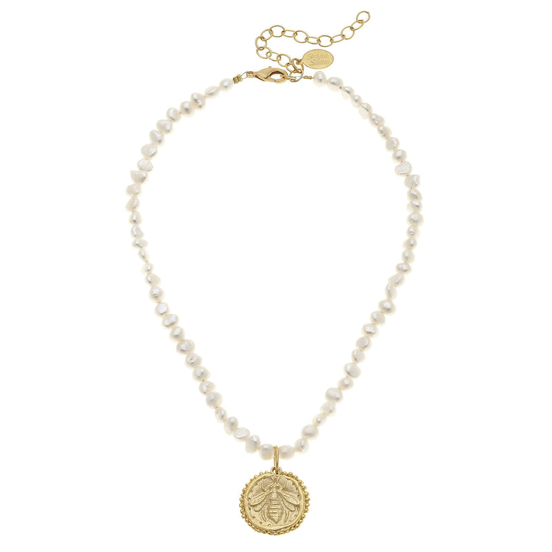 Susan Shaw Pearl Bee Necklace, Genuine Freshwater Pearl Chain and Gold Plated Pendant Medallion