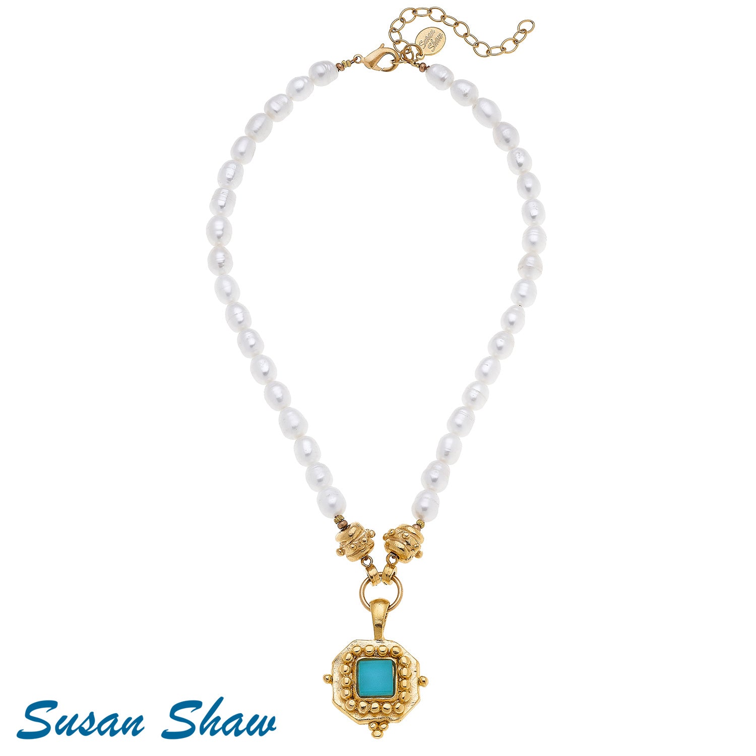 Susan Shaw Handcast Gold Square with Teal French Glass on Genuine Pearl Necklace