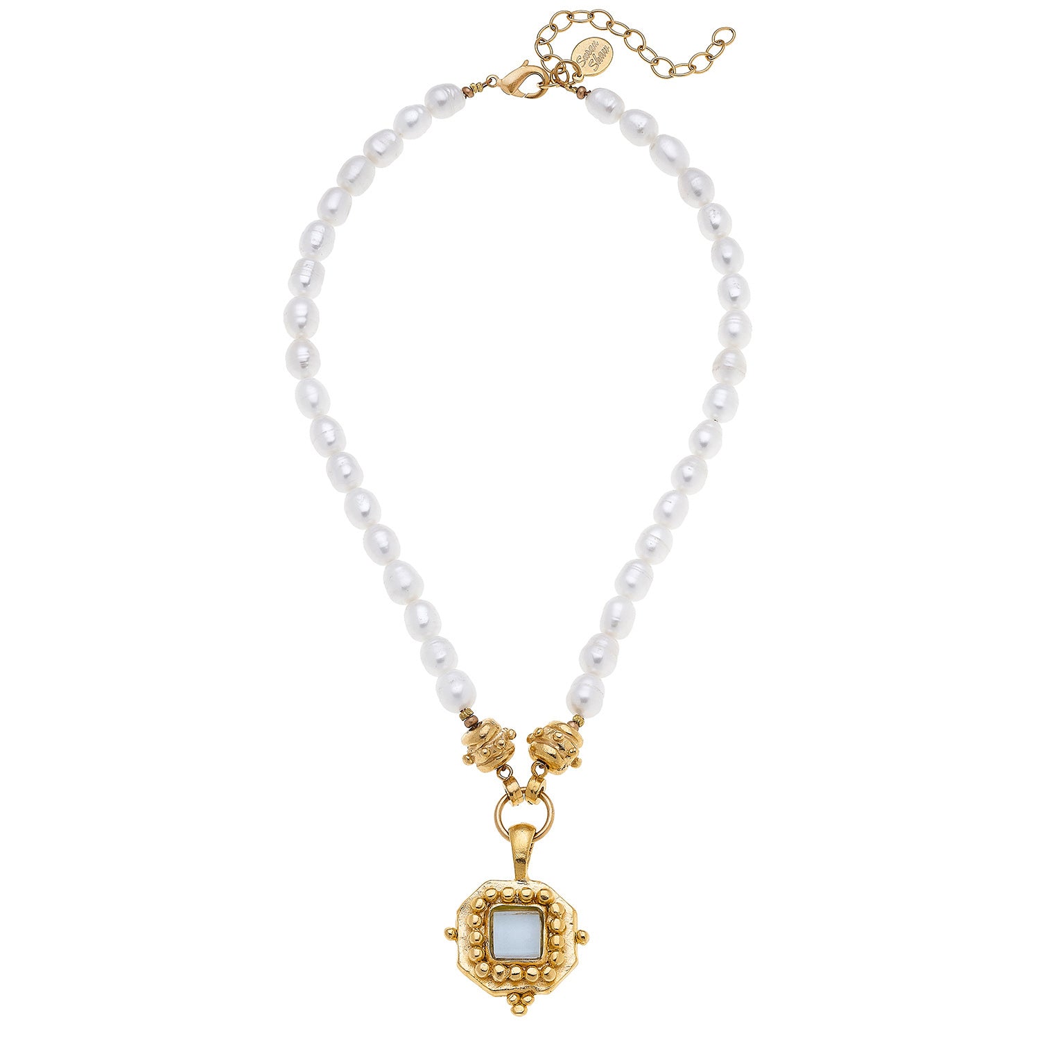 Susan Shaw Gold Plated Freshwater Pearl Crystal Square Pendant Necklace