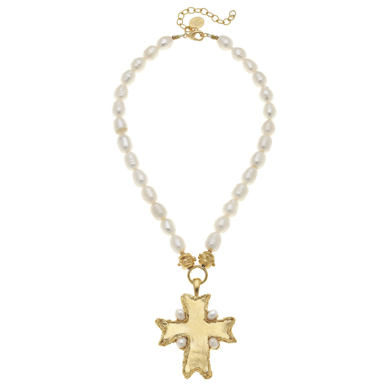 Susan Shaw Pearl Cross Necklace, Genuine Freshwater Pearl Chain and Gold Plated Pendant Medallion