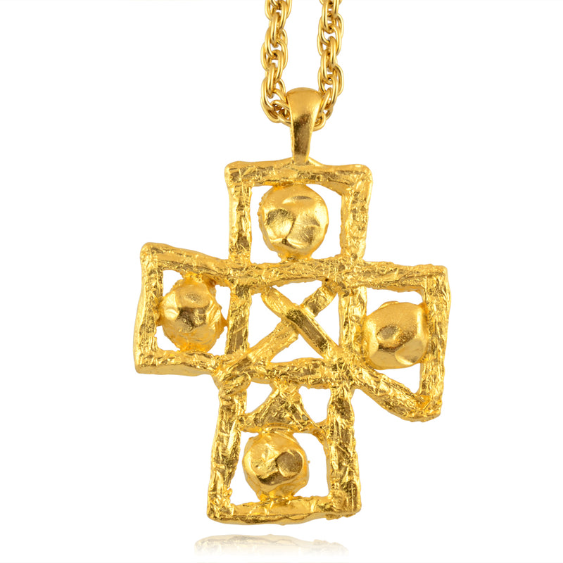 Susan Shaw Large Textured Cross Necklace, Gold Plated Long Chain Necklace, 30"