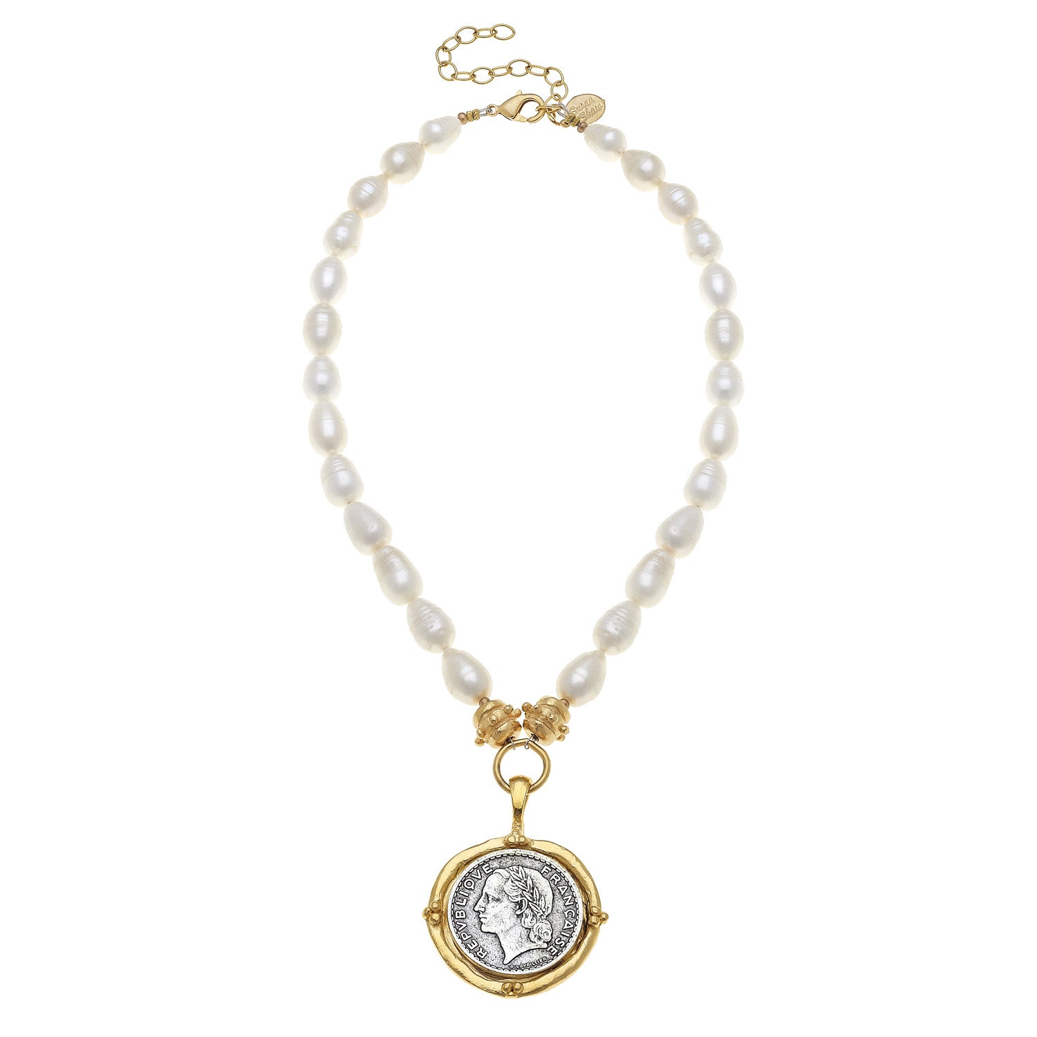 Susan Shaw Jewelry Handcast Portrait Coin Necklace with Freshwater Pearls