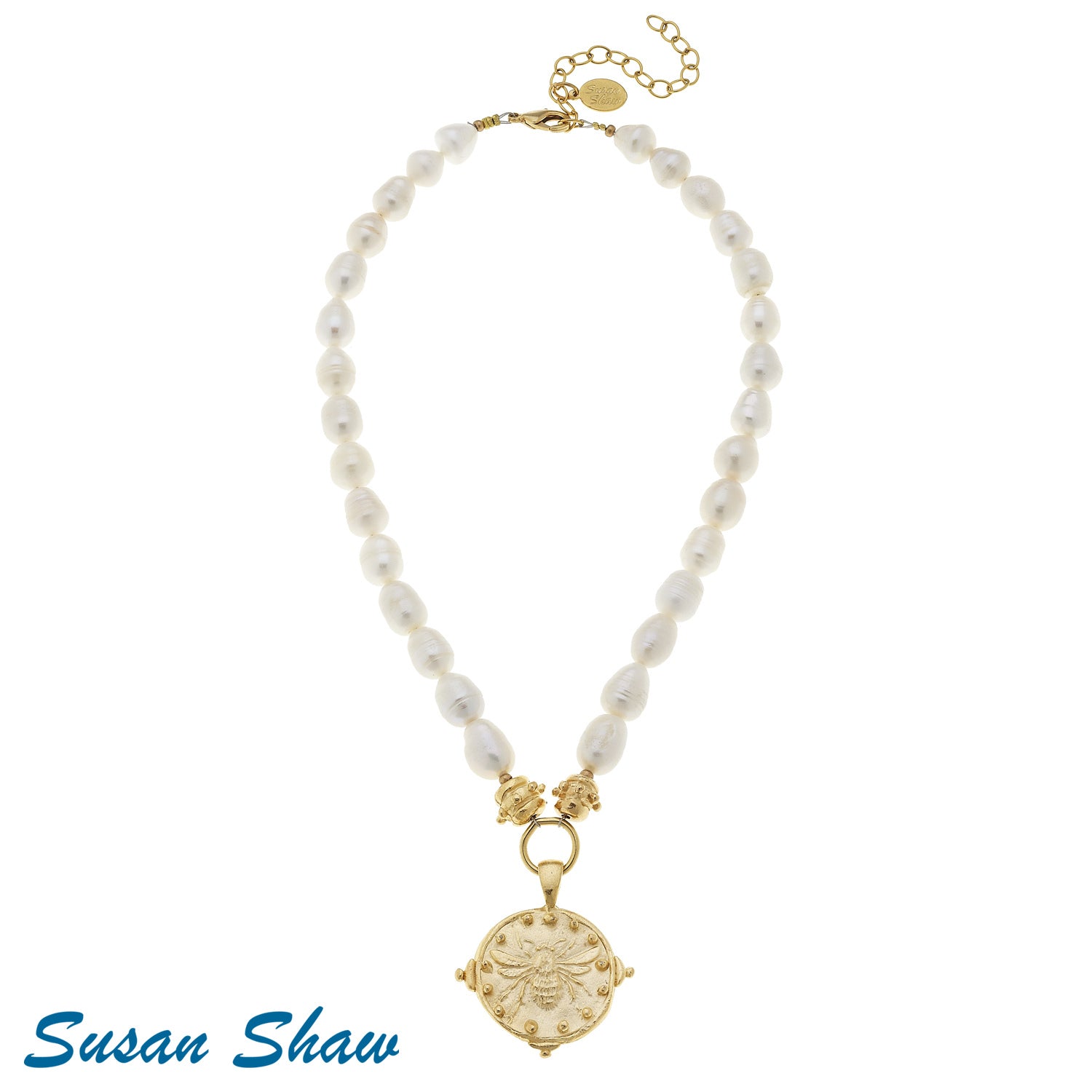 Susan Shaw Handcast Gold Bee on Genuine Freshwater Pearl Necklace