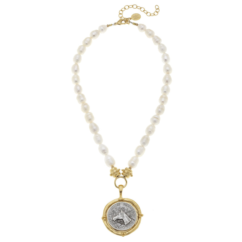Susan Shaw Pearl Horse Coin Pendant Necklace, Genuine Freshwater Pearl Chain and Gold Plated Equestrian Medallion