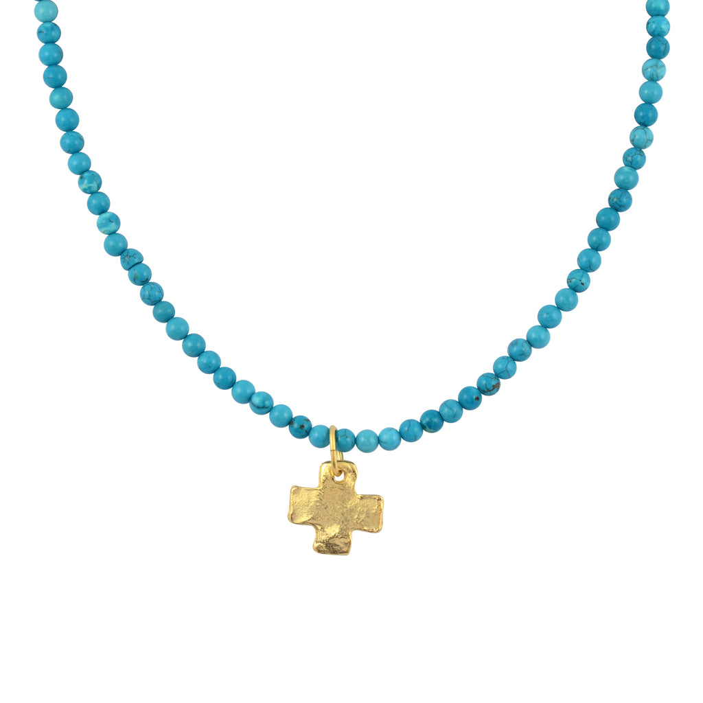 Susan Shaw Gold Plated Cross Pendant Necklace with Beaded Chain, Teal 20"