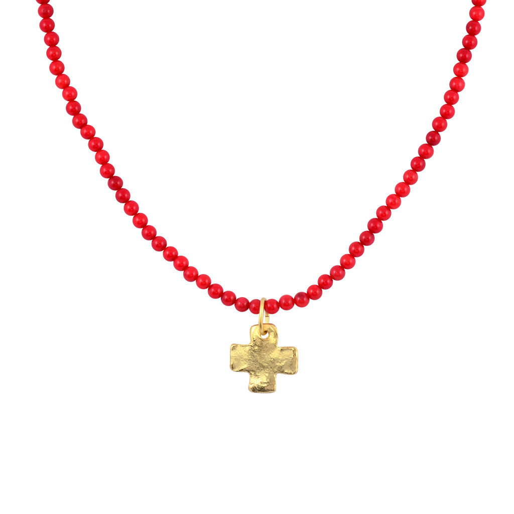 Susan Shaw Gold Plated Cross Pendant Necklace with Beaded Chain, Red 20"