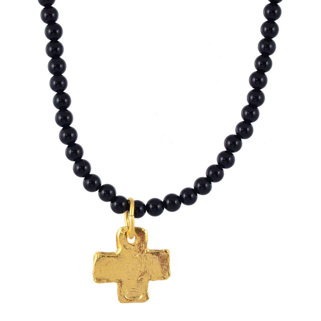 Susan Shaw Gold Plated Cross Pendant Necklace with Beaded Chain, Black 20"