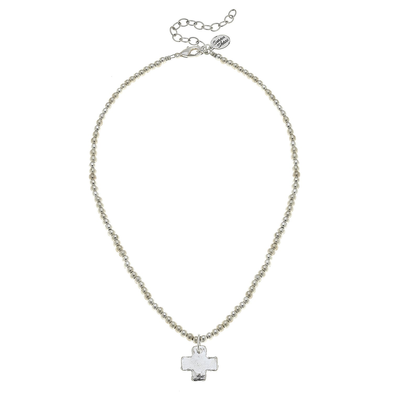 Susan Shaw Jewelry Cross Necklace, Silver Beads with Cross Pendant in Silver