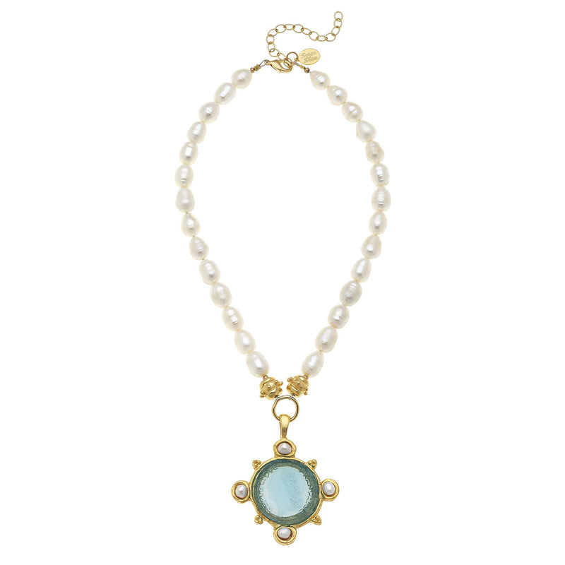 Susan Shaw Jewelry Pearl Venetian Glass Necklace, Freshwater Pearl and Coin Intaglio Pendant in Gold