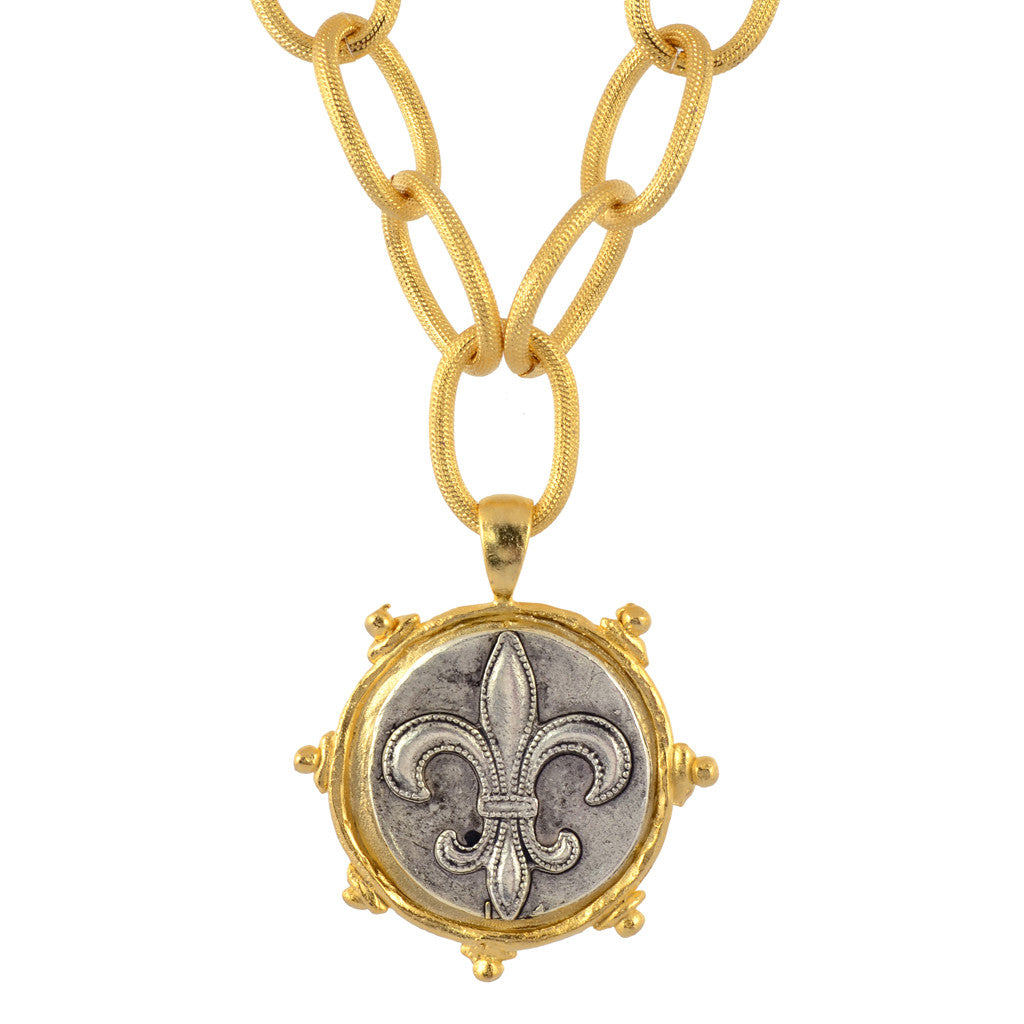 Susan Shaw Gold Plated Fleur de Lis Coin Pendant Necklace with Textured Chain, 16"