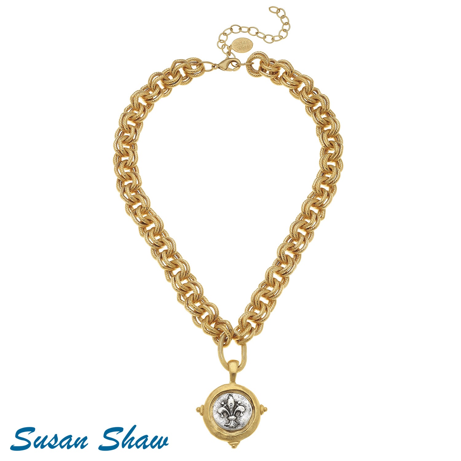 Susan Shaw Handcast Gold & Silver Italian Intaglio "Fleur de Lis" Necklace