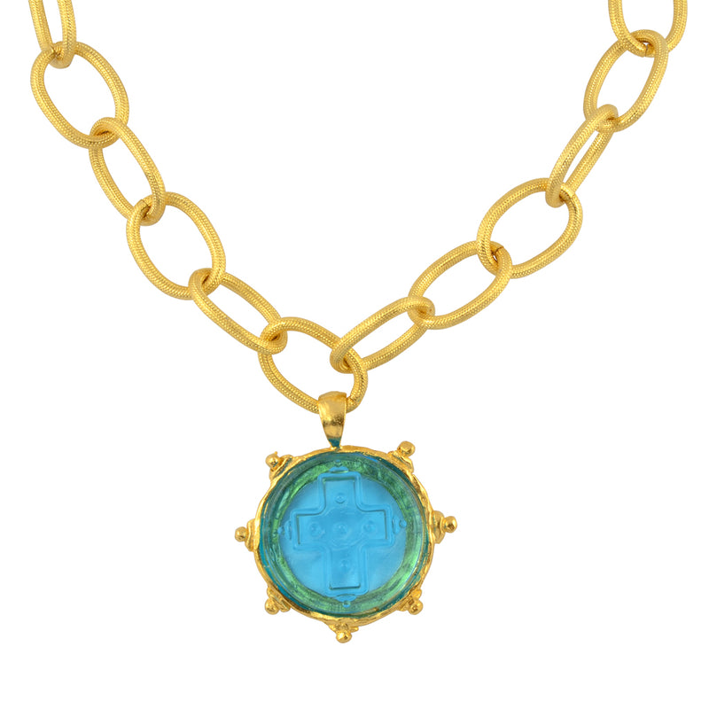Susan Shaw Aqua Venetian Glass Cross Intaglio on Gold Plated Chain Necklace, 15+3"