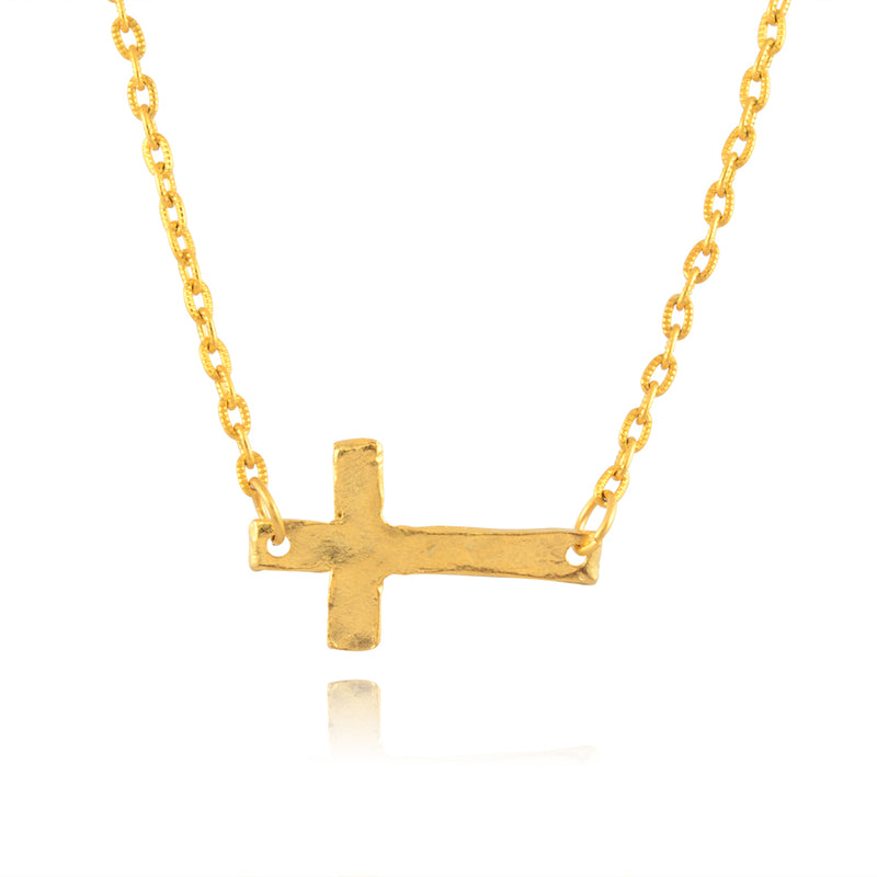 Susan Shaw Sideways Cross Pendant Necklace, Gold Plated Chain Necklace, 14+3"