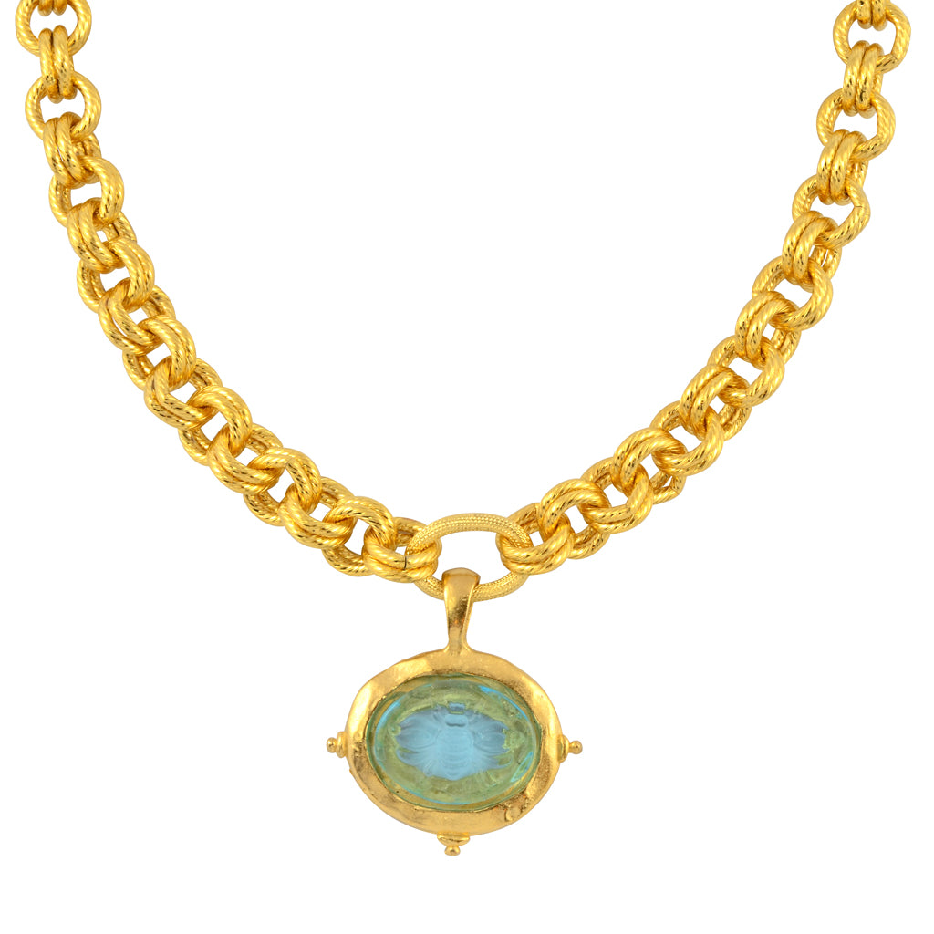 Susan Shaw Aqua Venetian Glass Bee Intaglio on Gold Plated Chain Necklace, 15+3"