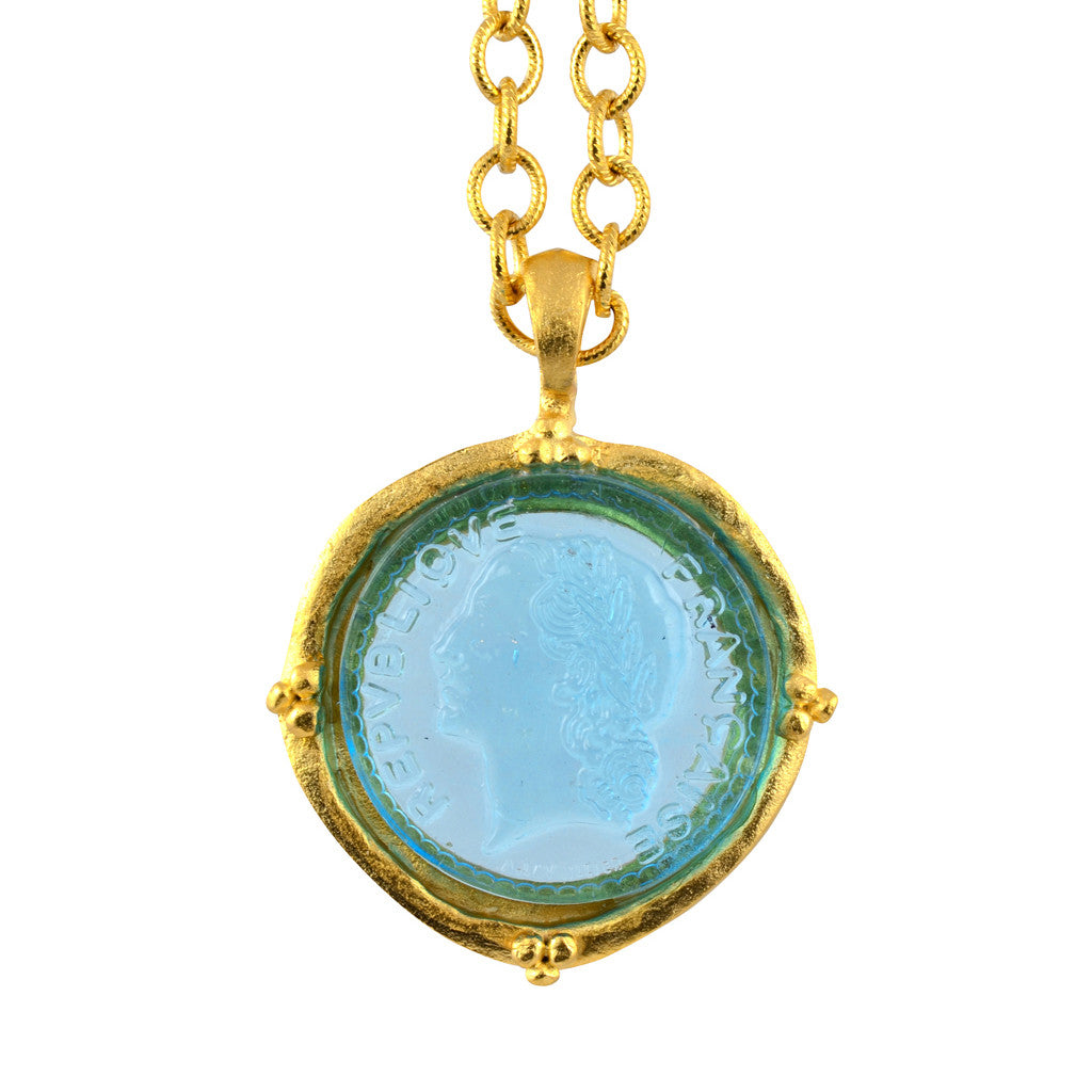 Susan Shaw Blue Glass Coin Pendant Necklace, Gold Plated Textured Chain, 30