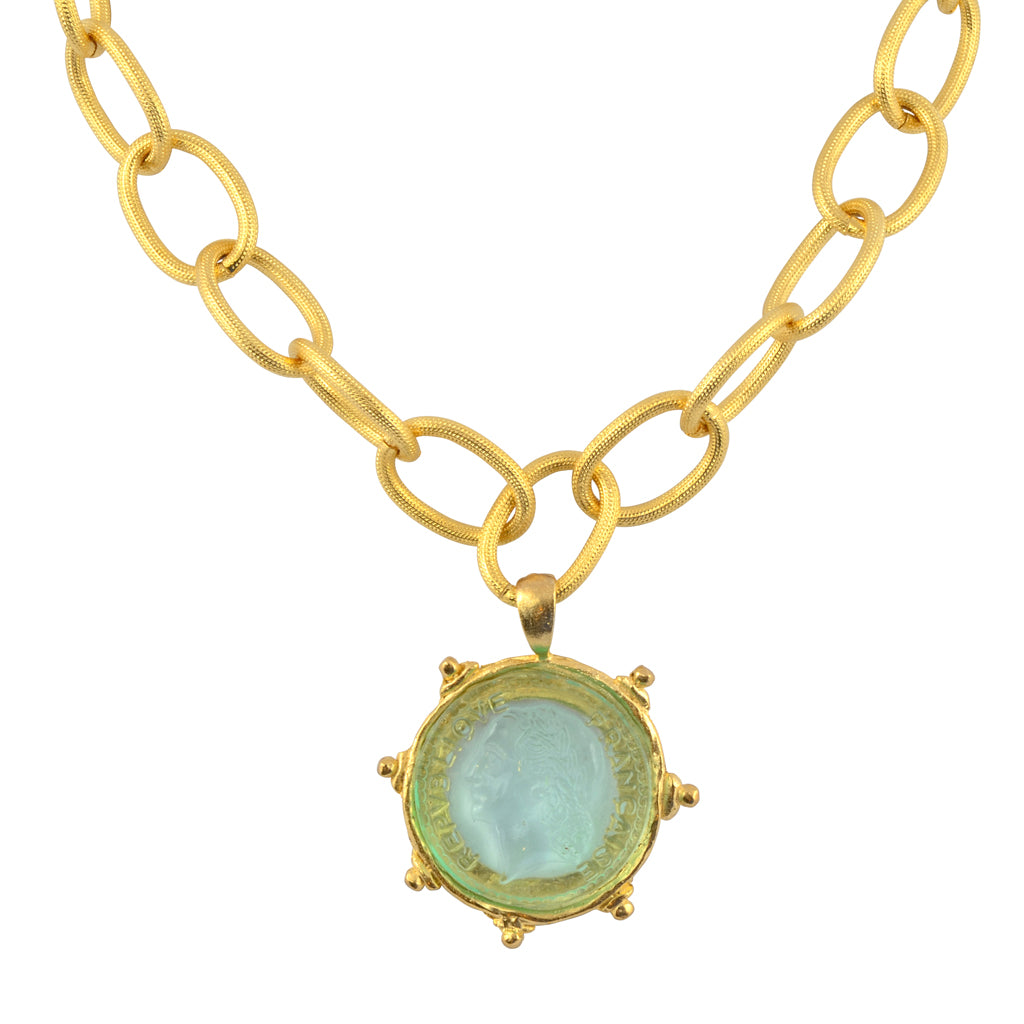 Susan Shaw Clear Venetian Glass Coin Intaglio on Gold Plated Chain Necklace, 15+3"