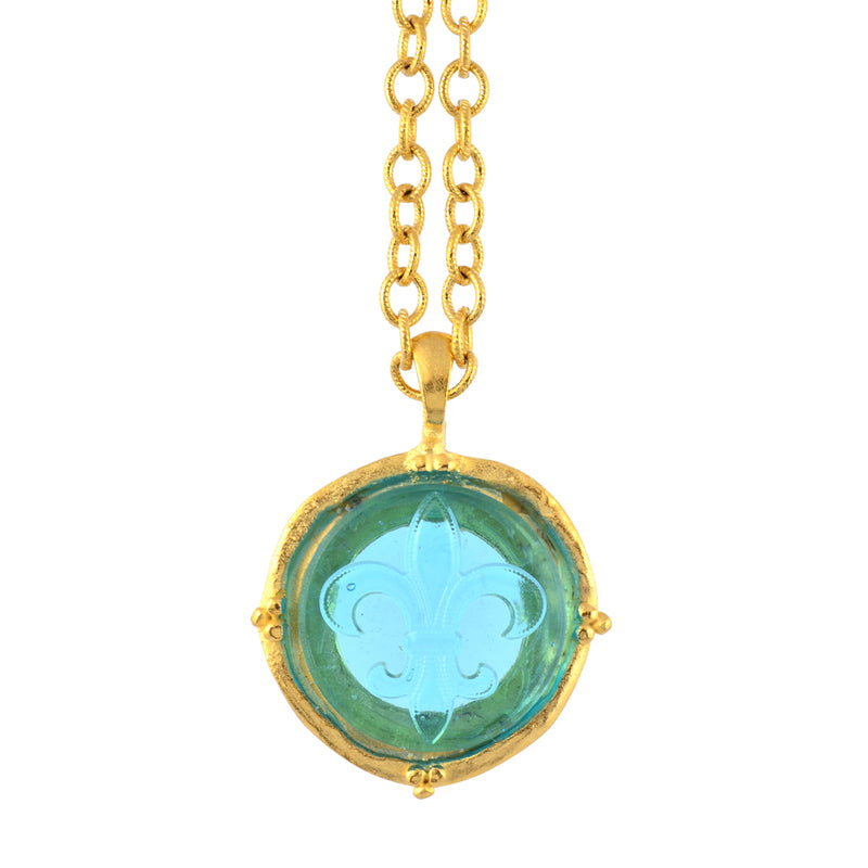 Susan Shaw Aqua Venetian Glass Fleur De Lis Intaglio on Gold Plated Chain Necklace, 30"