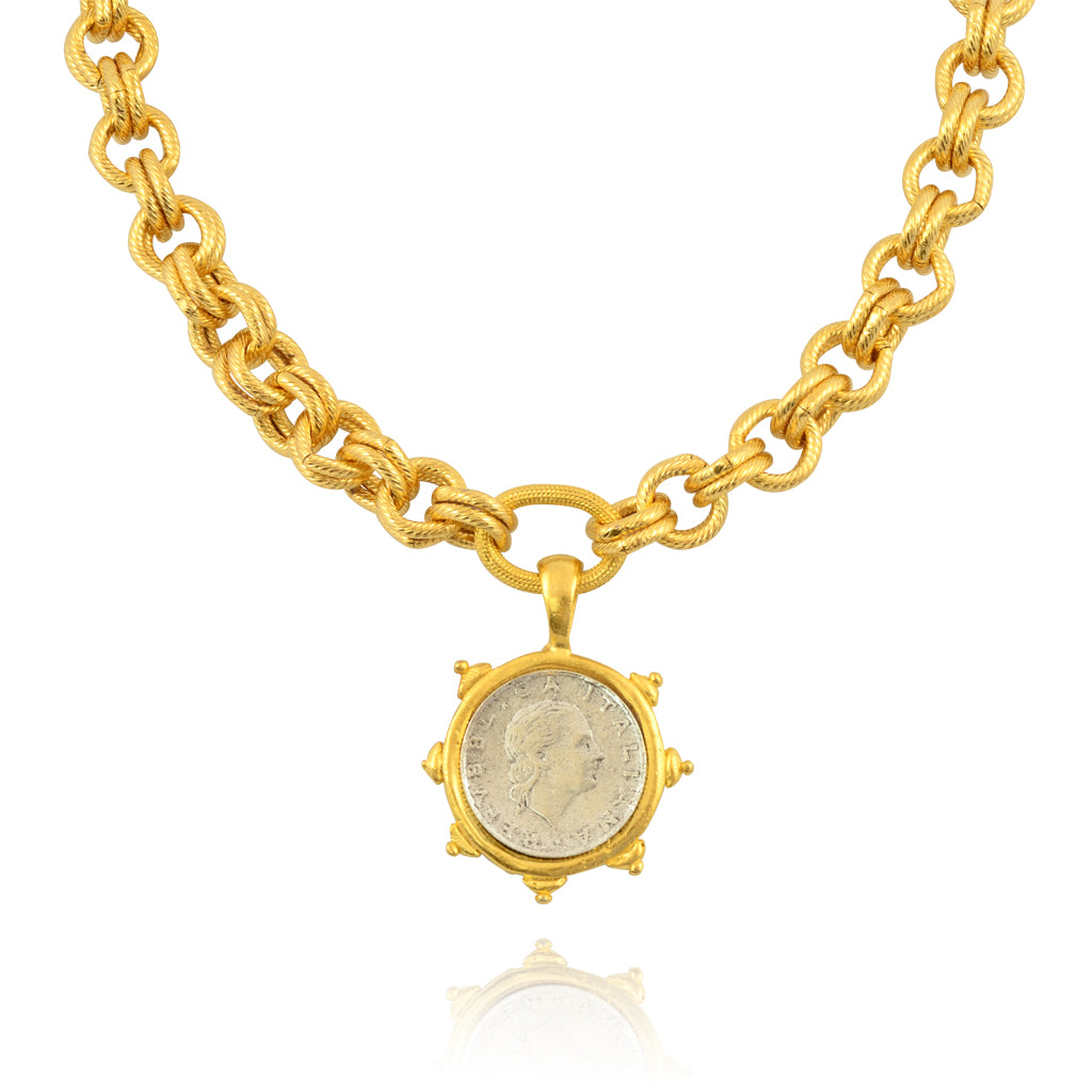 14K Italian Yellow Gold Replica Lira Coin Pendant Necklace, 16-18