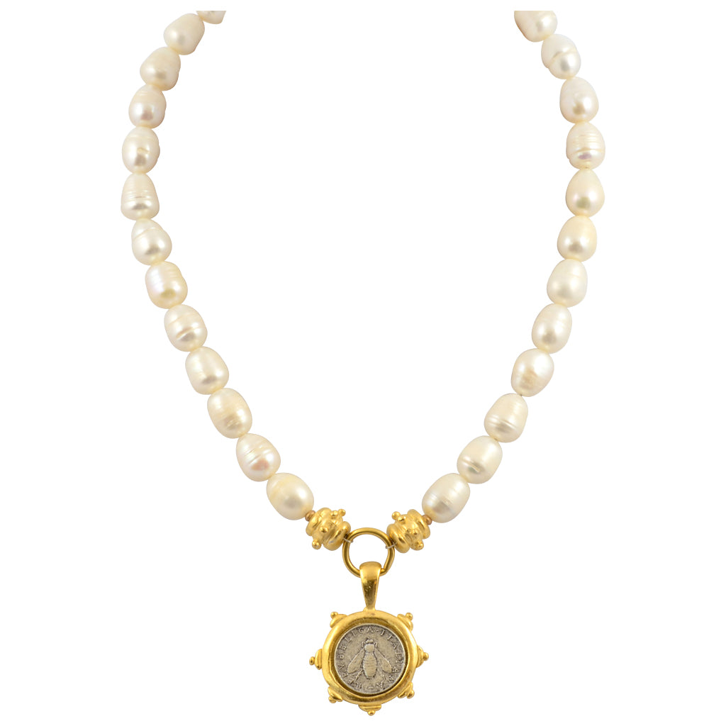 Susan Shaw Pearl Italian Coin Bee Necklace,  Gold Plated Pendant
