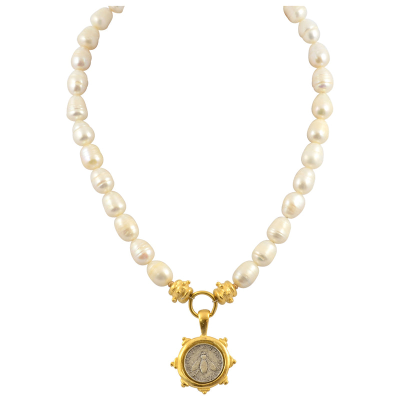 Susan Shaw Pearl Italian Coin Bee Necklace,  Gold Plated Pendant