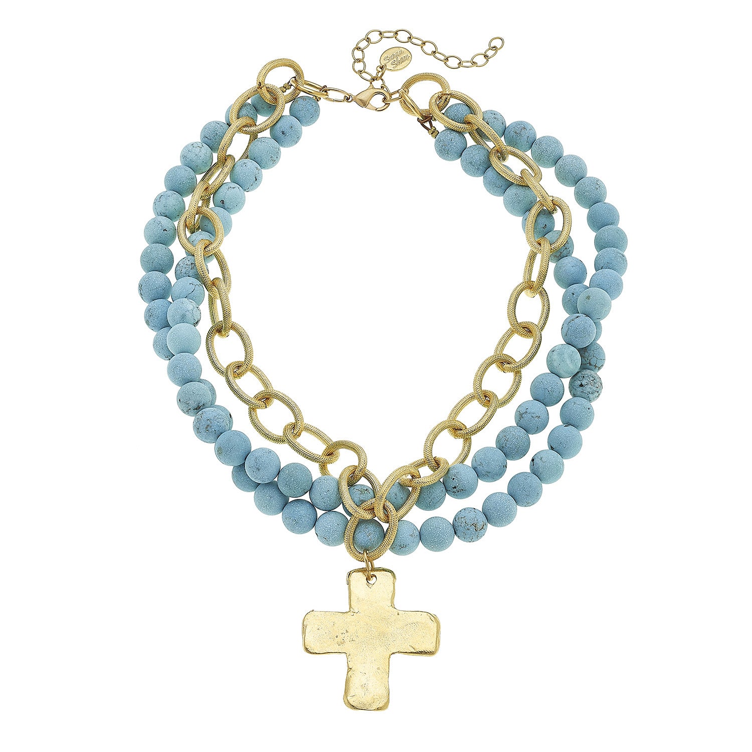 Susan Shaw Jewelry Turquoise Cross Necklace, 3 Strand Matte Turquoise Bead Cross Pendant in Gold