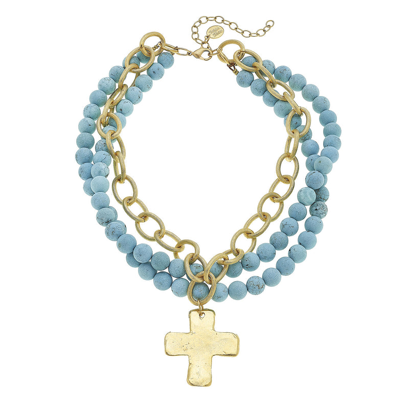 Susan Shaw Jewelry Turquoise Cross Necklace, 3 Strand Matte Turquoise Bead Cross Pendant in Gold