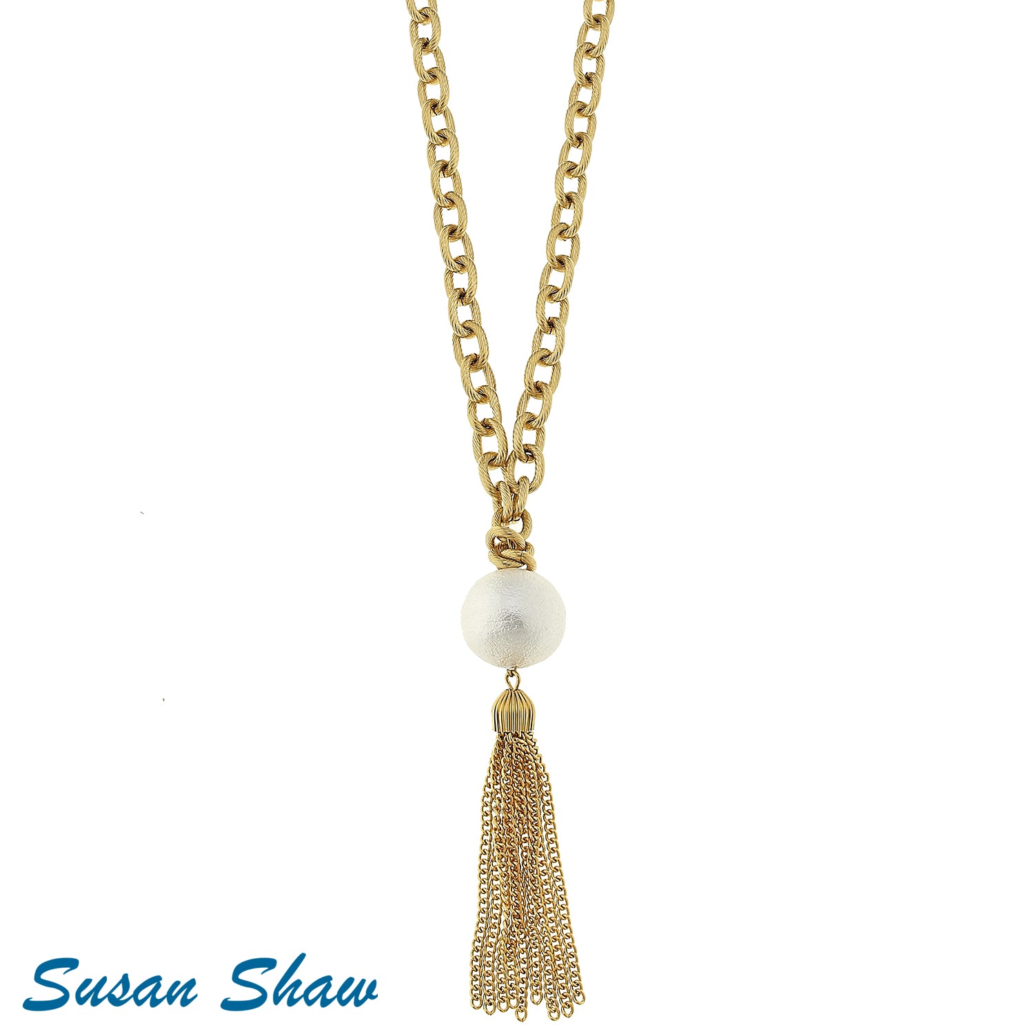 Susan Shaw 32" of Gold Chain with White Cotton Pearl and Tassel
