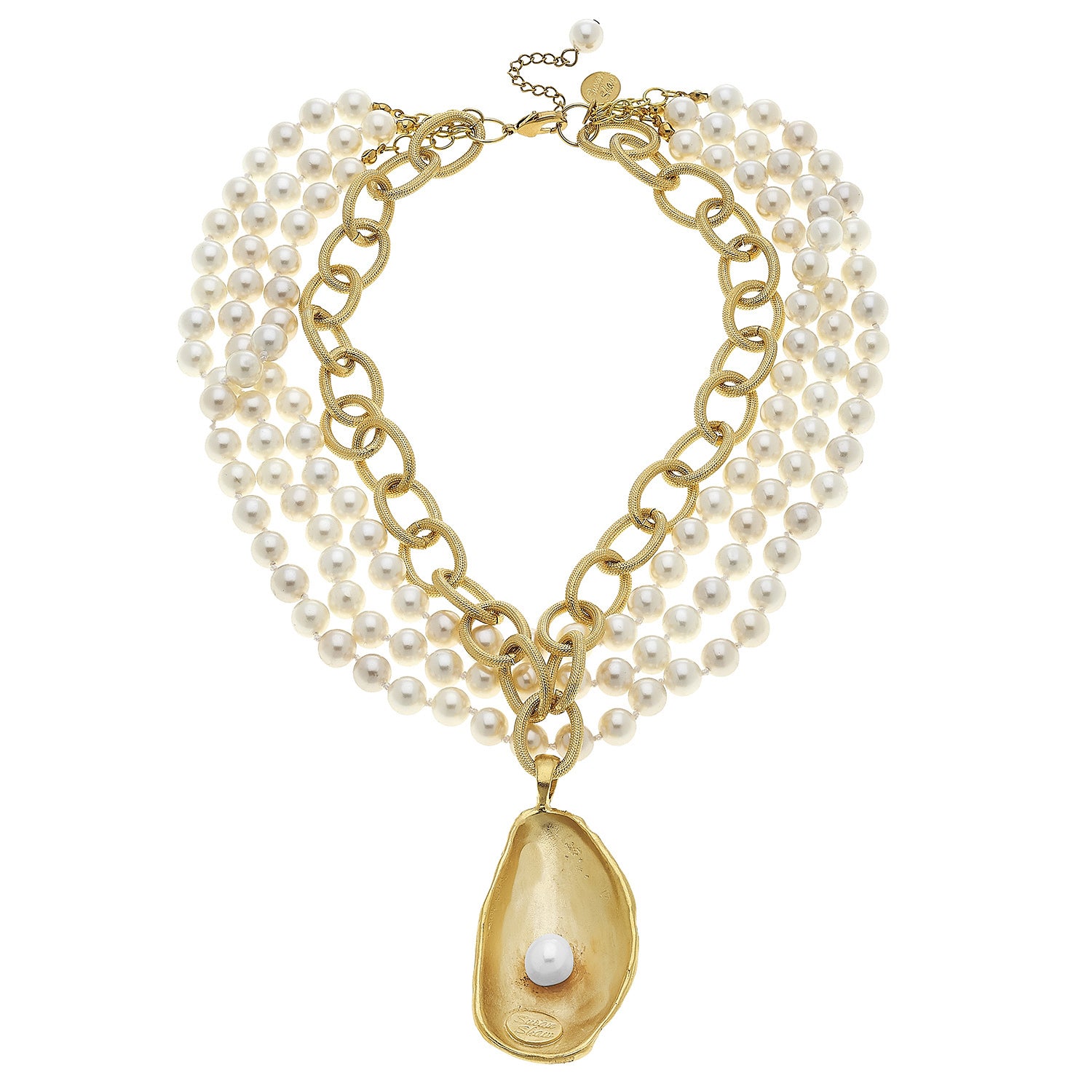 Susan Shaw Jewelry Pearl Oyster Shell Necklace, 3 Strand Pearl Pendant in Gold