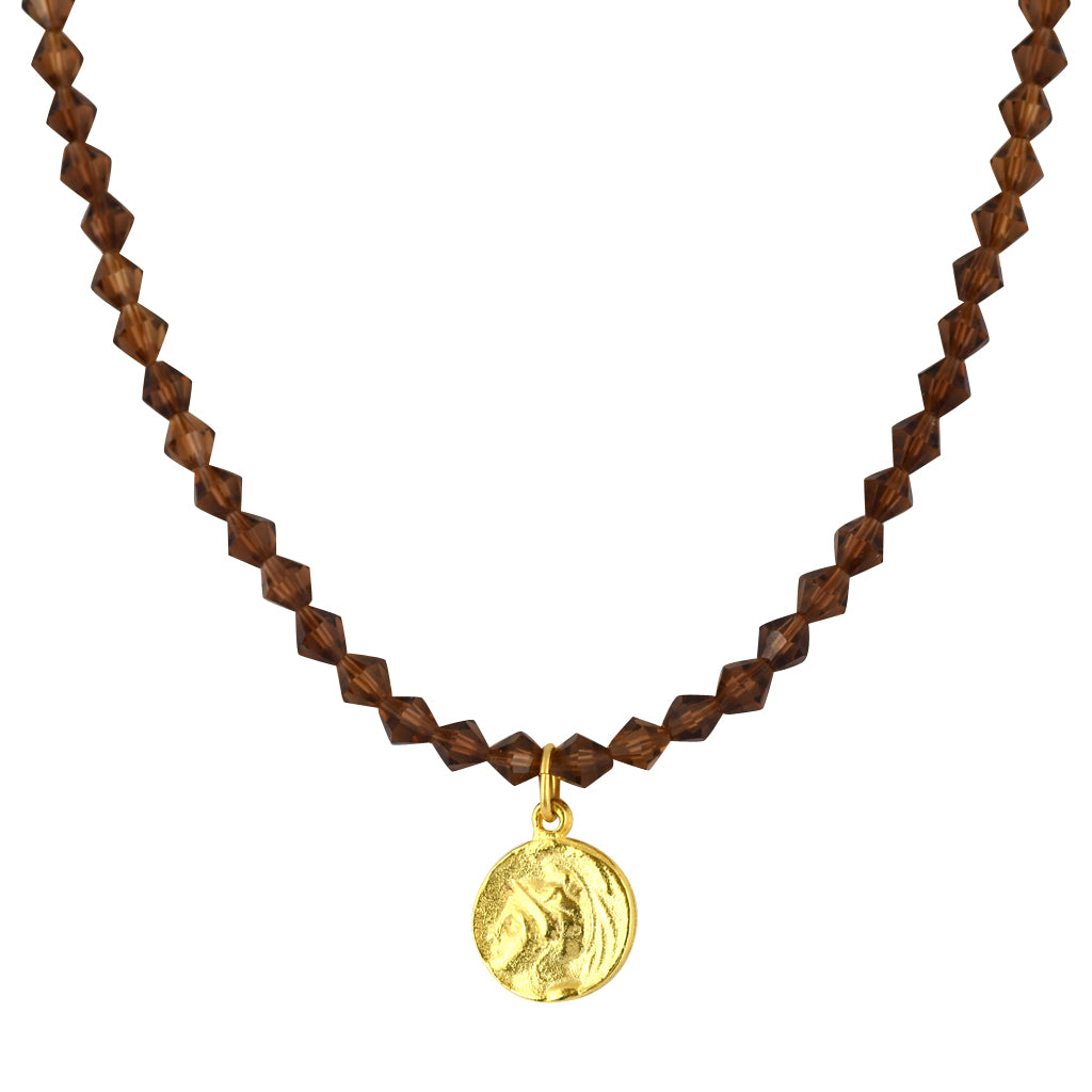 Susan Shaw Jewelry Brown Bead Greek Coin Necklace in Gold